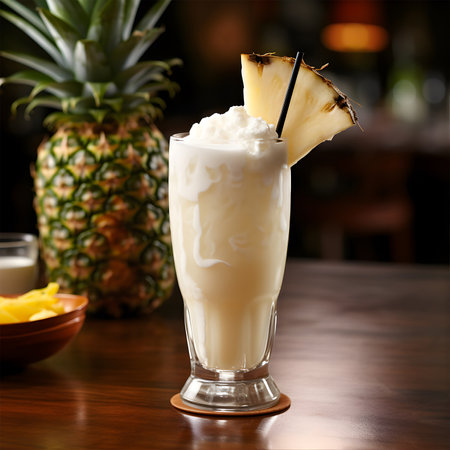 Pina colada cocktail in a tall glass with pineapple and milk. AI Generativeの素材