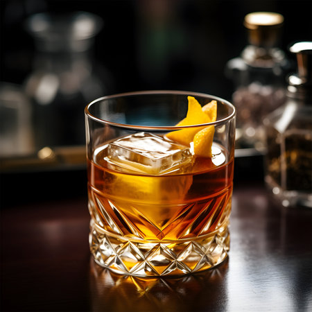 Whiskey with ice and lemon on a dark bar counter. AI Generativeの素材