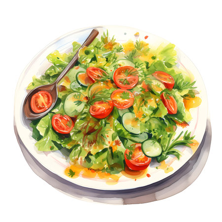Watercolour of Fresh vegetable salad with tomato, cucumber, lettuce and olive oil. AI Generativeの素材