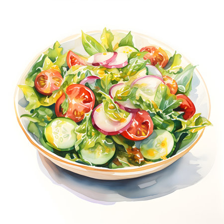 Watercolour of Salad with tomatoes, cucumbers and lettuce. Illustration on white background. AI Generativeの素材