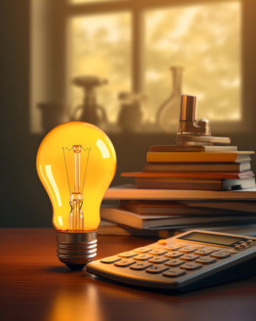 Light bulb, calculator and books on the table. AI Generativeの素材