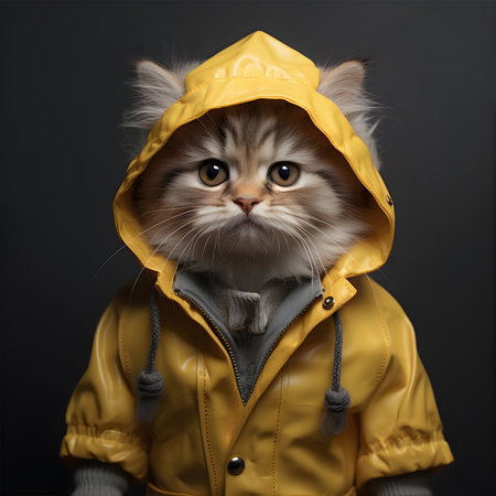 Portrait of a cat in a raincoat on a dark background. AI Generativeの素材