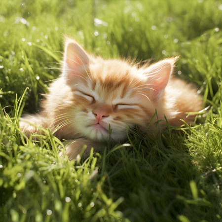 Cute ginger kitten lying on the green grass in the sun. AI Generativeの素材