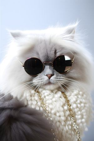beautiful white Persian cat wearing sunglasses with pearls and a necklace. AI Generativeの素材