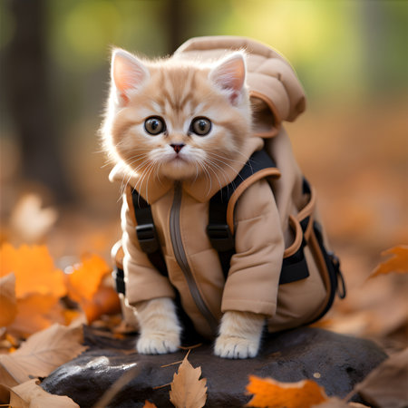 Cute British Shorthair kitten in a jacket and backpack in autumn leaves. AI Generativeの素材