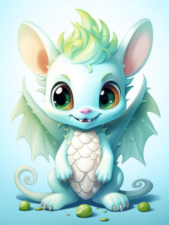 Illustration of a cute cartoon dragon with green hair and blue eyes. AI Generativeの素材