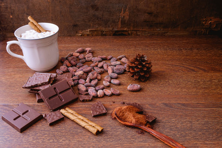 Hot cocoa with chocolate bars and powdered chocolateの写真素材