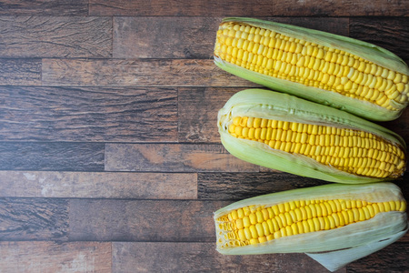 Fresh maize on wooden floorの写真素材