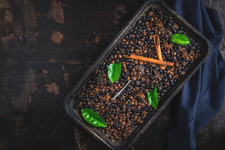 Roasted coffee beans in a tray