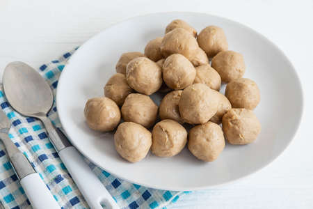 Meatballs on a plate on the tableの写真素材