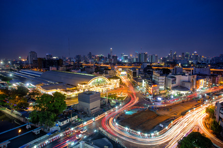 Bangkok Railway Station (Hua Lamphong Railway Station,MRT) at night Bangkok, Thailand.のeditorial素材