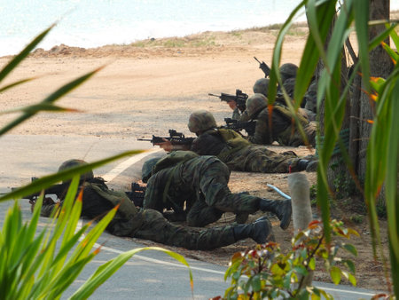 Chonburi, Thailand, February 25, 2020, photo of a military forest field weapon drills.のeditorial素材