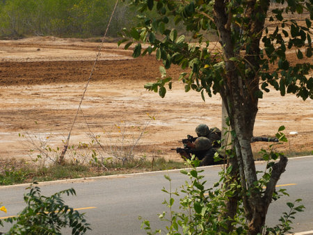 Chonburi, Thailand, February 25, 2020, photo of a military forest field weapon drills.のeditorial素材