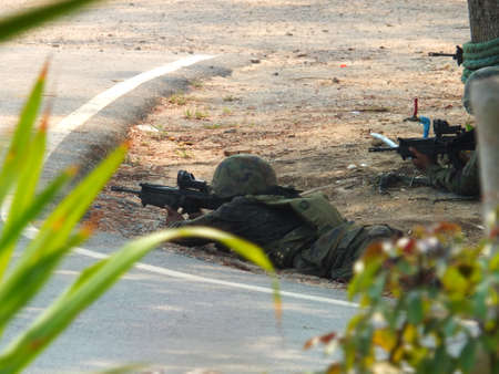 Chonburi, Thailand, February 25, 2020, photo of a military forest field weapon drills.のeditorial素材