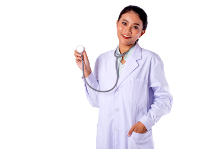 Asian woman doctor with white gown and stethoscope and different actions isolated on white backgroundの写真素材