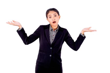 Asian beautiful business woman is acting of boring by shrugged pose on white background and also look confusion emotion.の写真素材