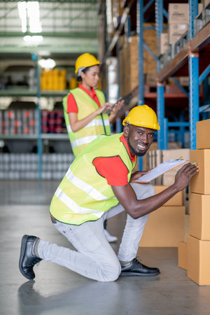 African American man sit and look to camera also smile during work in warehouse workplace area with...