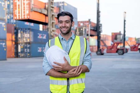 Portrait of engineer worker of factory technician stand with happy emotion and in front of cargo...
