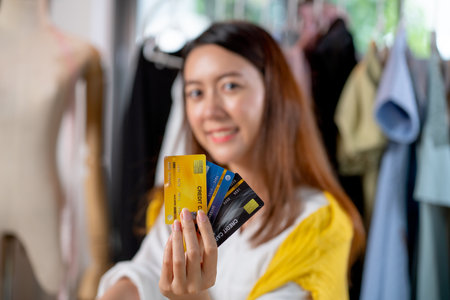 Three different credit card hold by young Asian woman with smiling and stay in front of clothes rack with concept of small business of new generation people.の写真素材