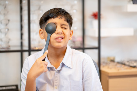 Indian boy has fun with use optical testing tool close his eye in optical shop.の写真素材