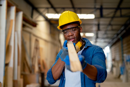 African American carpenter man hold timber or wood stick also look forward to check quality of wood...