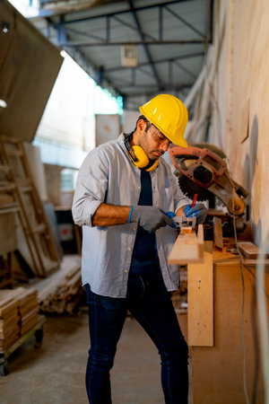 Caucasian wood working or carpenter man use electrical saw to work with timber in factory workplace and wear safety clothes to protect himself.の写真素材