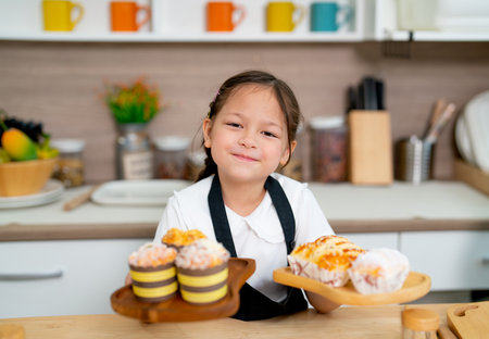 Lovely little girl hold plate with cake and cupcake and present to camera with happy face during learn cooking class in kitchen.の写真素材