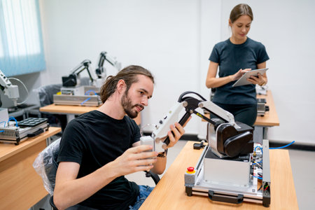 Caucasian professional engineer or technician manager with casual cloth help to support and also guide staff to check small robotic machine that put on table in factory workplace.の写真素材