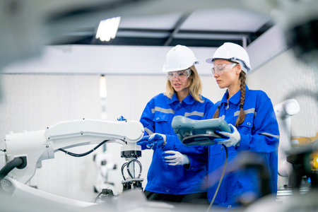 Beautiful engineer or technician workers work together to check and maintenance robotic arm in...