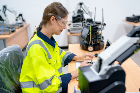 Caucasian technician or engineer worker use laptop to maintenance and check the system of small...