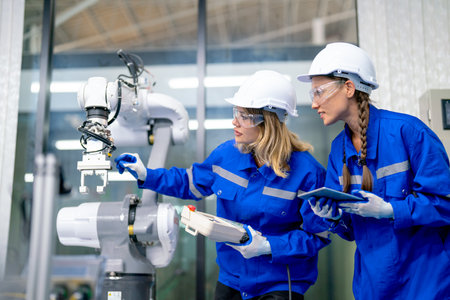 Two Caucasian professional engineer or technician woman workers hold controller and tablet help to check and maintenance robotic arm machine with stand beside in factory workplace.の写真素材