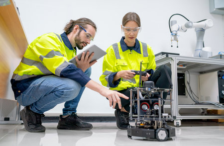 Two Caucasian professional technician or engineer workers sit on the floor and help to check and...