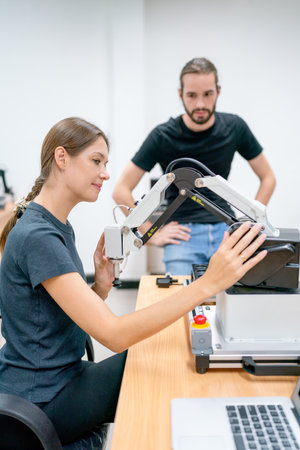 Vertical image of Caucasian professional engineer or technician manager man with casual cloth help...