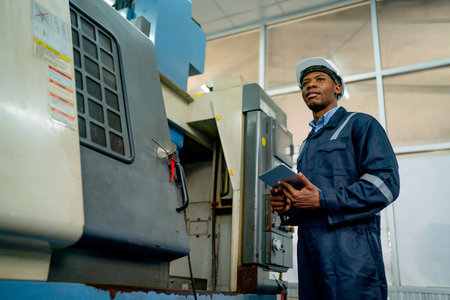 African American technician worker hold tablet and look forward also stand in front of big machine in factory workplace.の写真素材