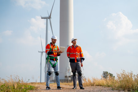Wide shot of two Caucasian engineers or technicians stay in front of cluster of windmill or wind...