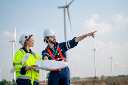 Caucasian engineer man point to right side and discuss together with co-worker woman hold drawing paper and stay in front of row of windmill or wind turbine with blue sky.の写真素材