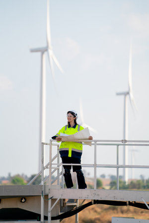 Vertical image of engineer or technician woman worker hold drawing paper and stand on base of windmill or wind turbine and look to left side and stay in front of windmill cluster.の写真素材
