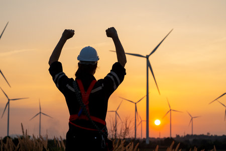 Sihouette back of engineer or technician man raise hands up look like happy action and stand in front of windmill or wind turbine cluster with sunset light.の写真素材
