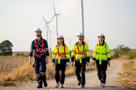 Group of engineer or technician man and woman walk along the road far from windmill or wind turbine after finish work.の写真素材