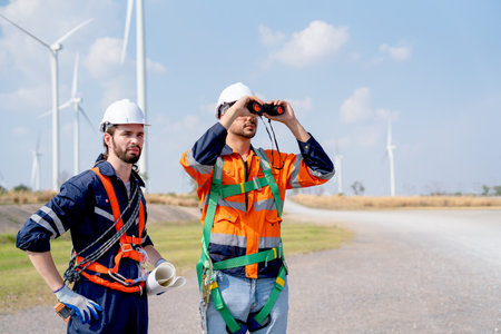 Two engineers or technician stand in front of cluster of windmill or wind turbine for working with one use binoculars work in workplace.の写真素材