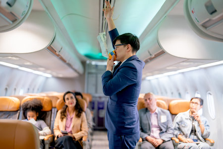 Airline staff man demonstration and explain about safety tools, oxygen mask, in the airplane to the passenger before the flight in airport area.の写真素材