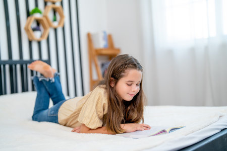 Little Caucasian girl enjoy to read book and learn on bed with day light in bedroom alone in concept of happiness activities at home.の写真素材