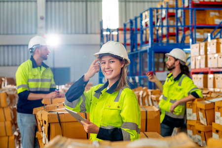 Pretty young warehouse worker woman touch her hair and look at camera with smiling also hold tablet with her co-worker discuss in the background.の写真素材