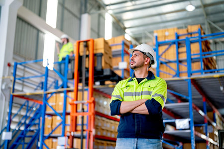 Portrait of Caucasian warehouse worker stand with arm-crossed and look to left side in front of co-worker work and manage boxes on upper layer floor in workplace.の写真素材