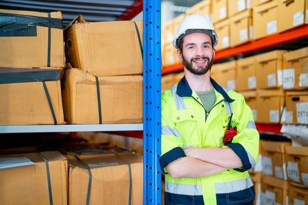 Smart warehouse worker man stand and lean to pole of product shelves also look at camera with...