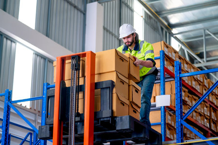 Professional warehouse worker man hold and carry box out from cargo truck that lift up the state for the man on upper level in workplace.の写真素材