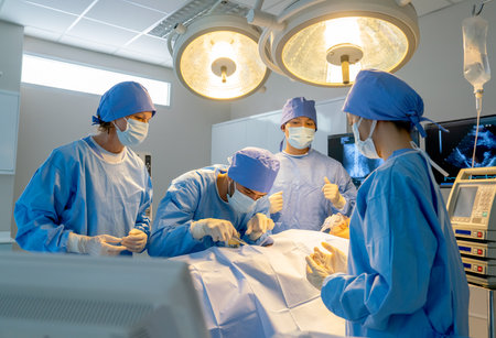 Operation team with blue clothes compose of nurse and doctor help to treatment patient in operation room with serveral tools and instruments of life support in hospital.の写真素材