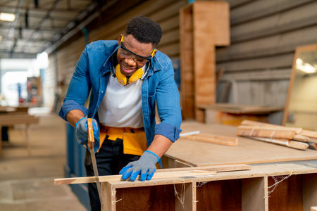 African American man as carpenter use saw to cut timber in factory or workplace with happiness and express smiling during work.の写真素材