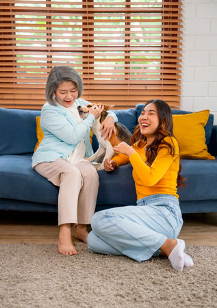 Vertical image of Asian senior and young woman enjoy to play fun with beagle dog on sofa in living...