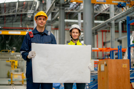Professional engineer or technician workers man and woman hold white drawing paper and look at camera also stay in factory workplace.の写真素材